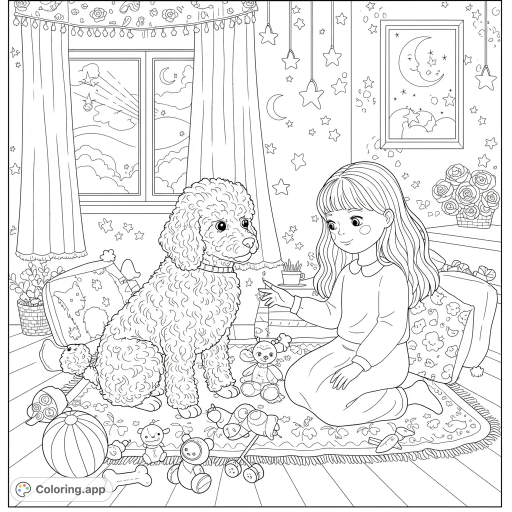 A delightful poodle puppy and a little girl share a playful moment in a cozy room adorned with stars, perfect for a charming coloring adventure.