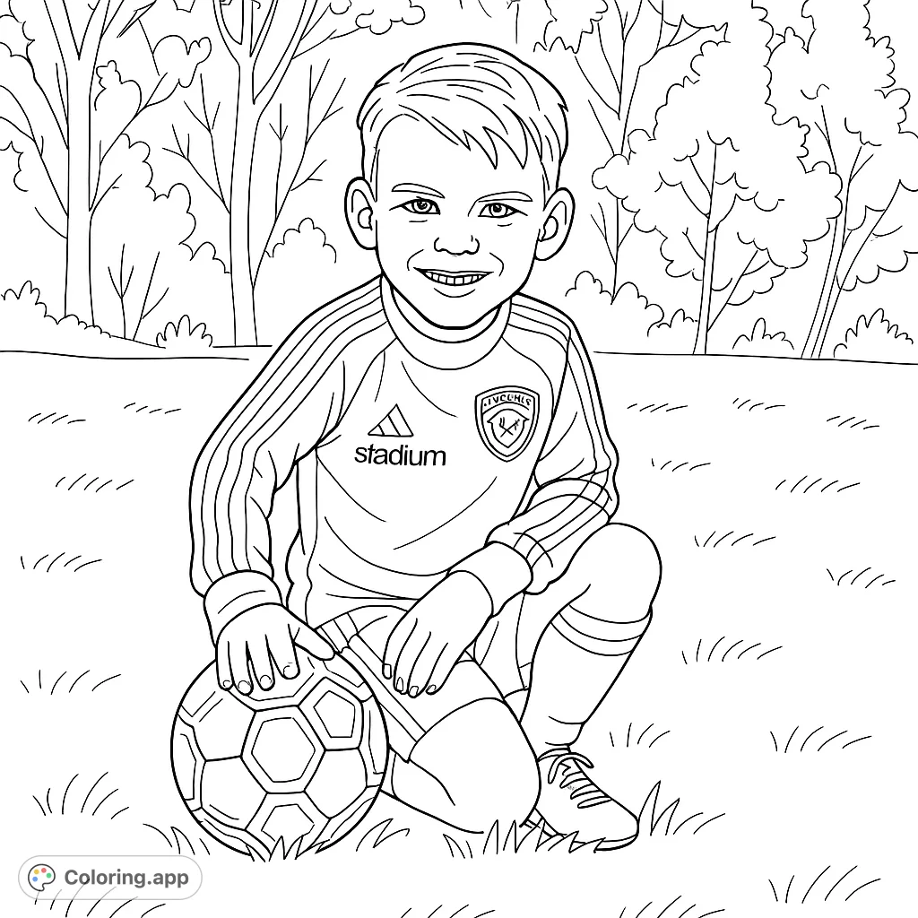 A cheerful young soccer player kneels on the field with his ball, ready for a fun game. Perfect for sports fans and aspiring athletes.