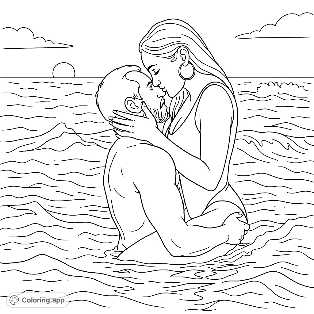 Capture a tender moment with this romantic embrace coloring page. A couple shares an intimate hug in the ocean, perfect for adults seeking a heartfelt escape.