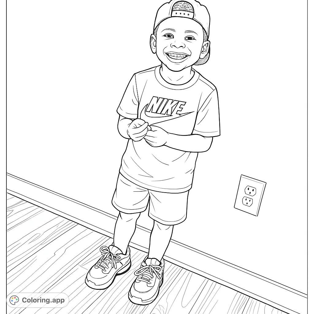 A cheerful child in a cap and casual outfit, ready for a fun coloring adventure. Perfect for young artists to express their creativity.