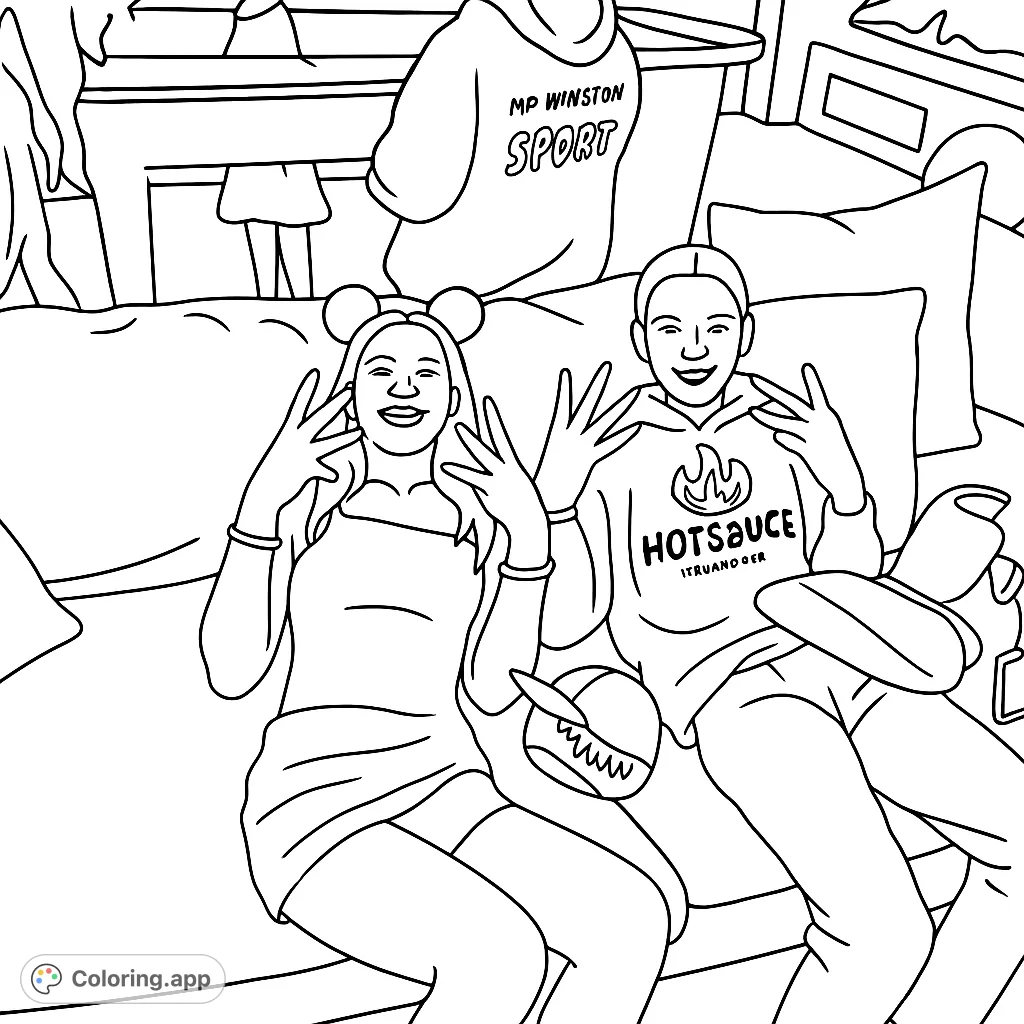 Capture a fun moment with two smiling friends on a couch, making peace signs. A simple, engaging coloring page for a relaxed creative experience.