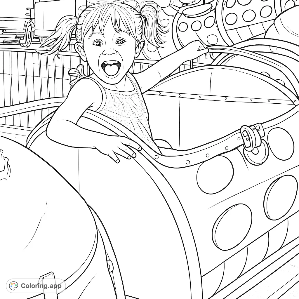 Capture the thrill of a fairground adventure! A child with pigtails enjoys a bug-themed ride, perfect for a fun amusement park coloring page.