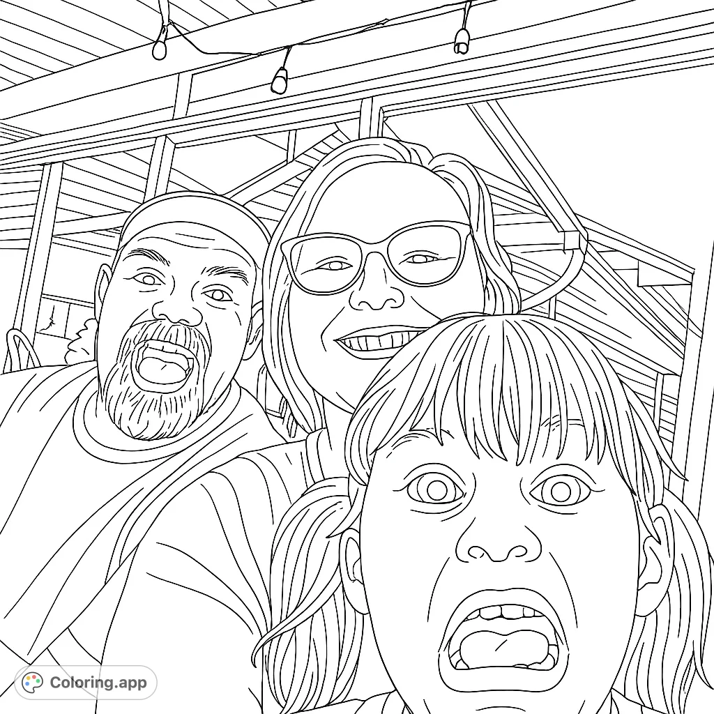 A playful family selfie featuring a child making a funny face, surrounded by smiling adults. Perfect for a fun coloring activity.