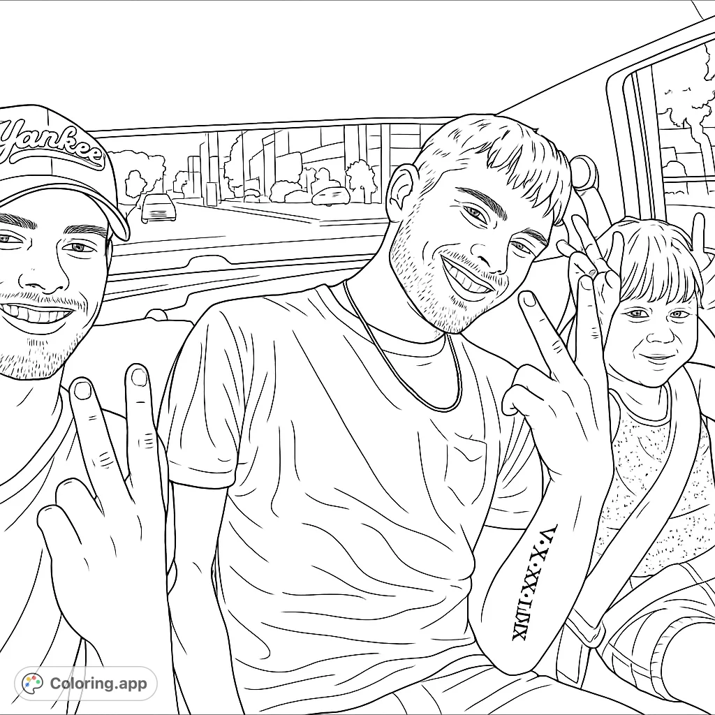 Capture a joyful car ride with friends and family. This happy scene features smiling faces and playful gestures, perfect for a fun coloring adventure.