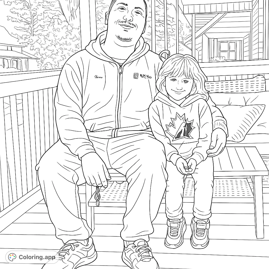 Capture a heartwarming family moment on a cozy porch. This free printable family bonding coloring page features a man and child, perfect for all ages.