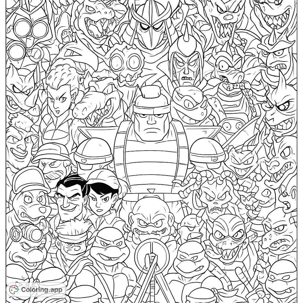 Dive into a packed scene of iconic anthropomorphic heroes and villains, ready for an epic coloring adventure. A detailed challenge for fans!