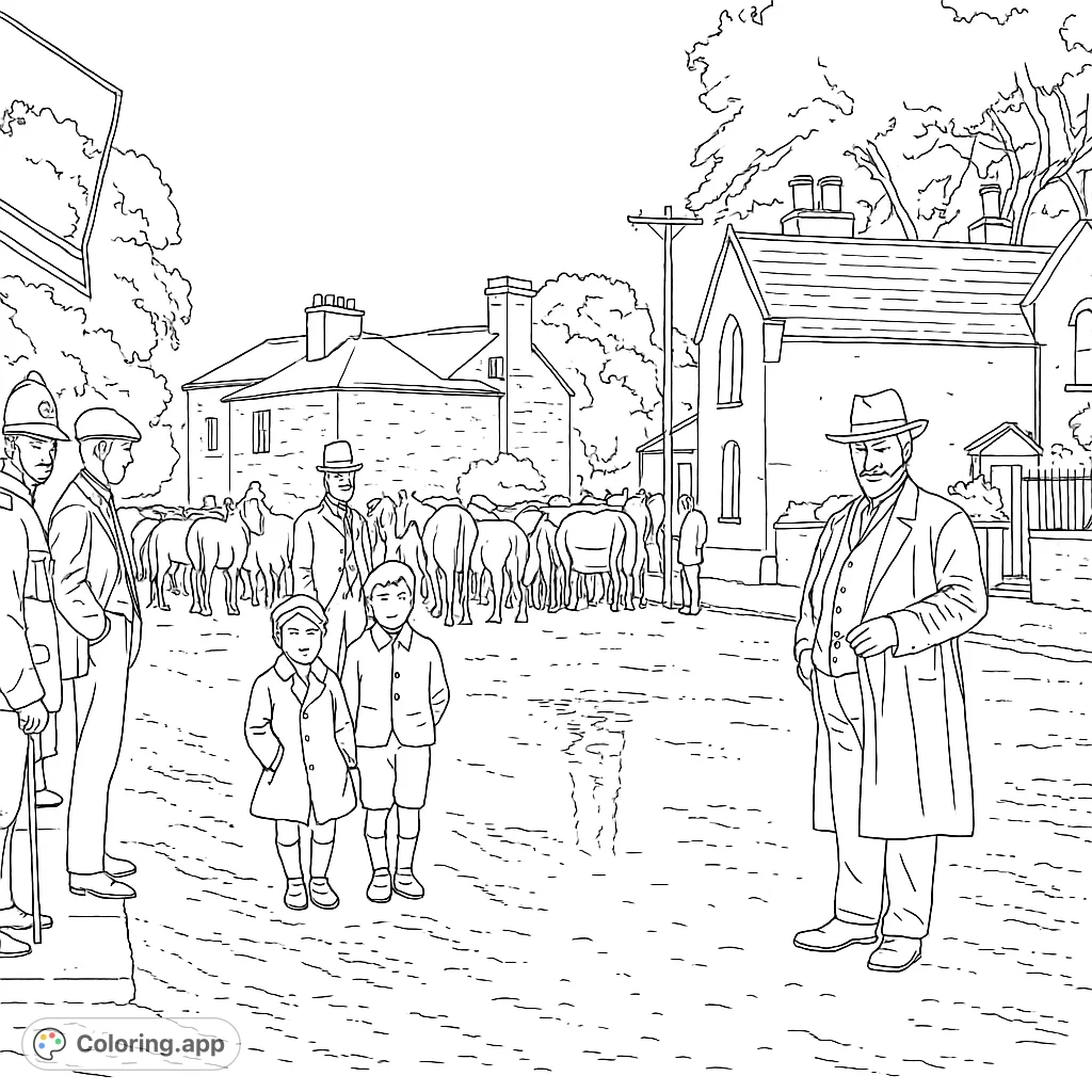 Step back in time with this vintage street scene featuring a cattle drive, period figures, and charming village architecture. A detailed historical coloring adventure.