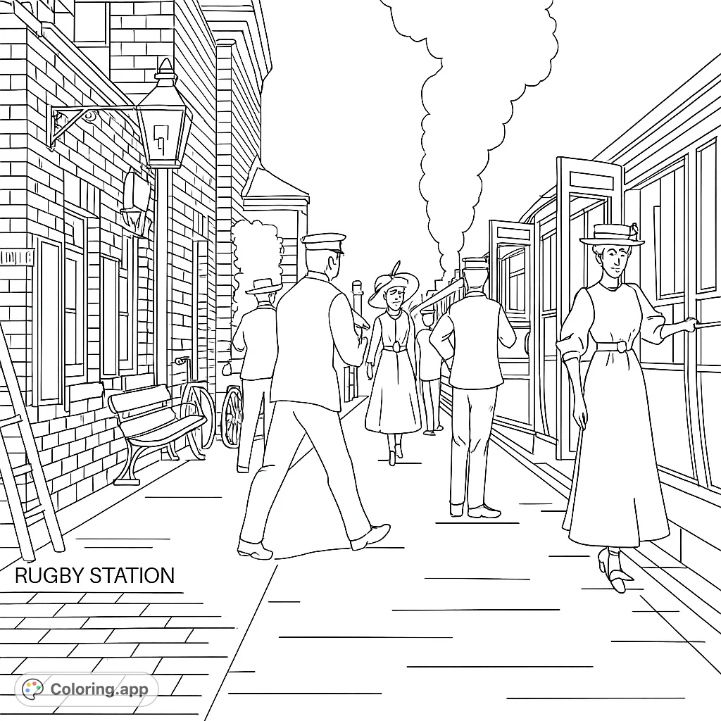 Step back in time to a bustling vintage train station. People, a steam train, and classic architecture await your creative touch.