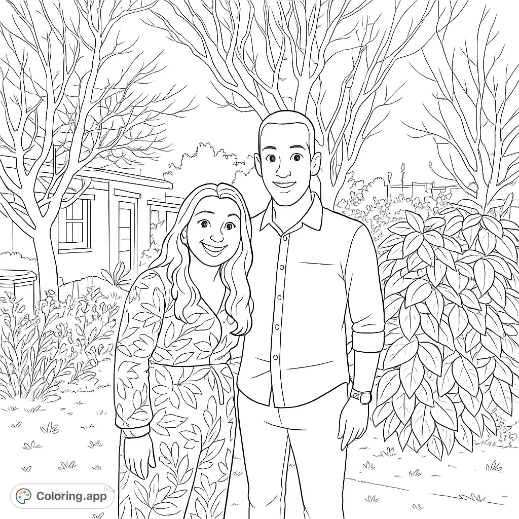 Capture a heartwarming moment with this free printable smiling couple in garden coloring page. Perfect for all ages to personalize with creative flair.