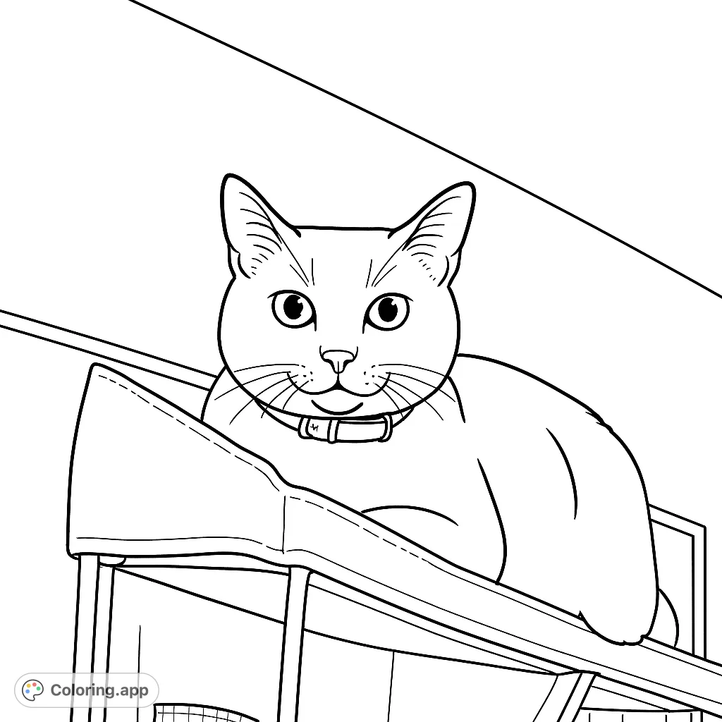 A charming cat sits atop a storage unit, looking directly at you. Perfect for a relaxing coloring session, featuring a cute feline friend.