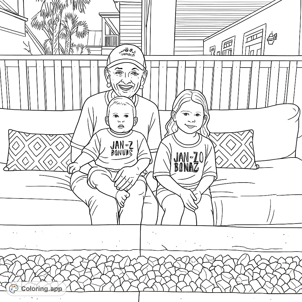A heartwarming family scene featuring a grandmother with two children on an outdoor couch, perfect for a relaxing coloring experience.