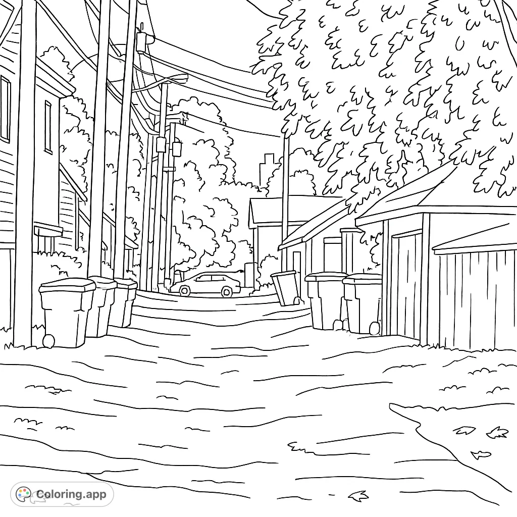 Explore a detailed urban alleyway scene with utility poles, power lines, and buildings. A realistic street view for mindful coloring.