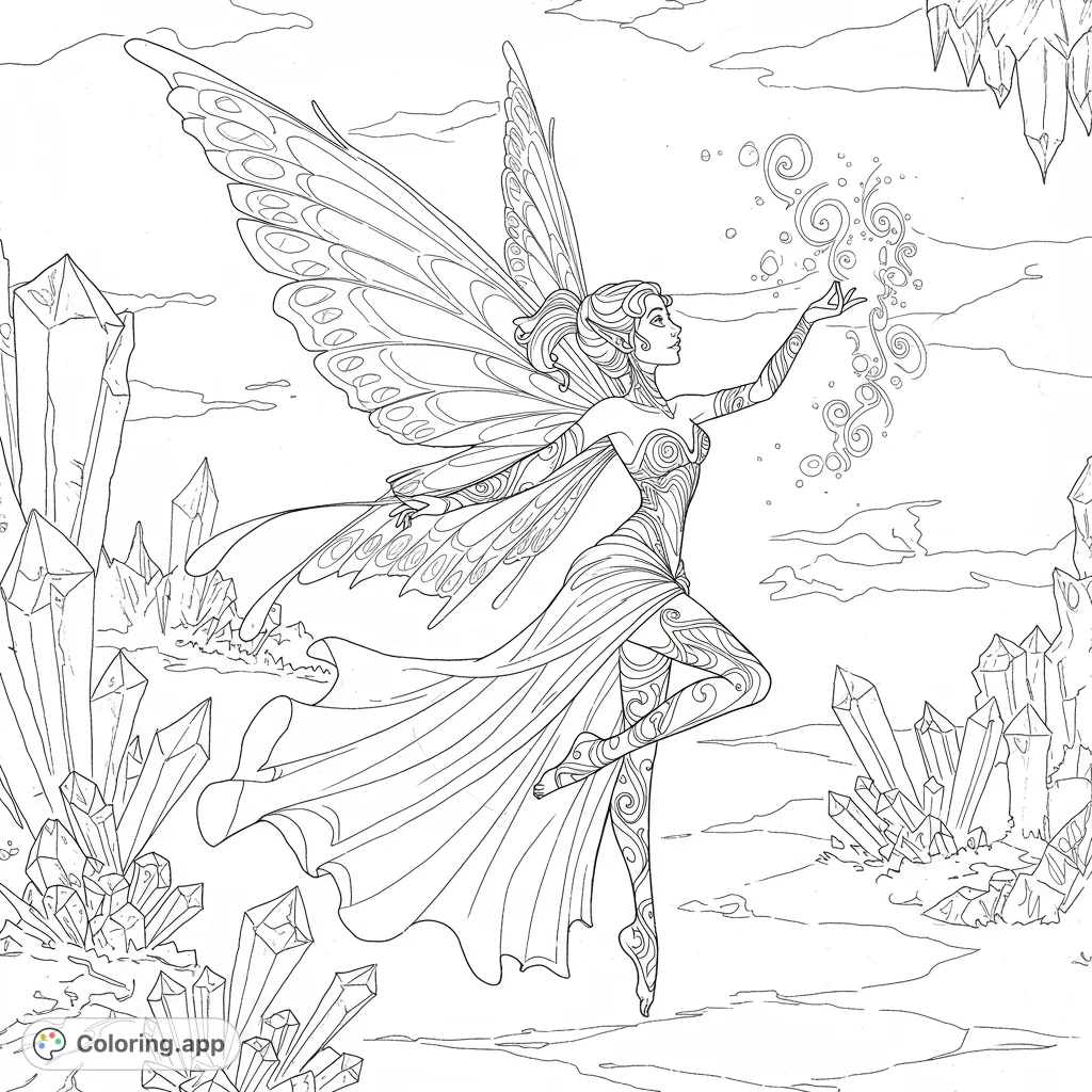 A whimsical fairy with delicate wings and a flowing gown adorned with intricate ink patterns, conjuring crystalline ice formations in an ethereal landscape.