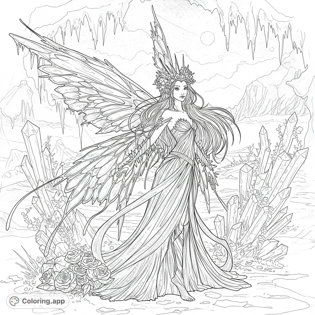 Discover a mystical Ink and Ice Fairy coloring page, featuring intricate patterns and crystalline details. A magical journey for your creativity.