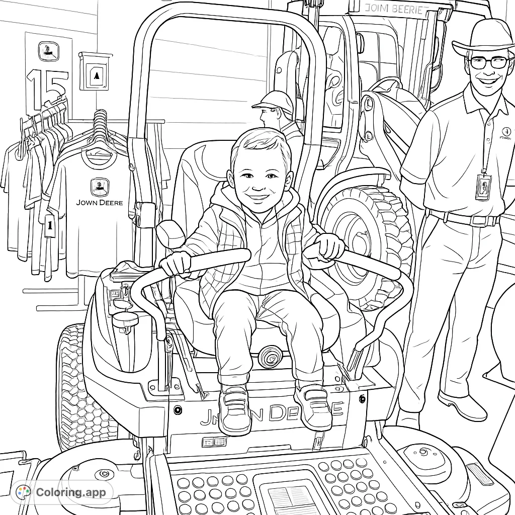 A joyful child on a detailed riding mower, with an adult nearby and heavy machinery in the background. Perfect for machinery enthusiasts.