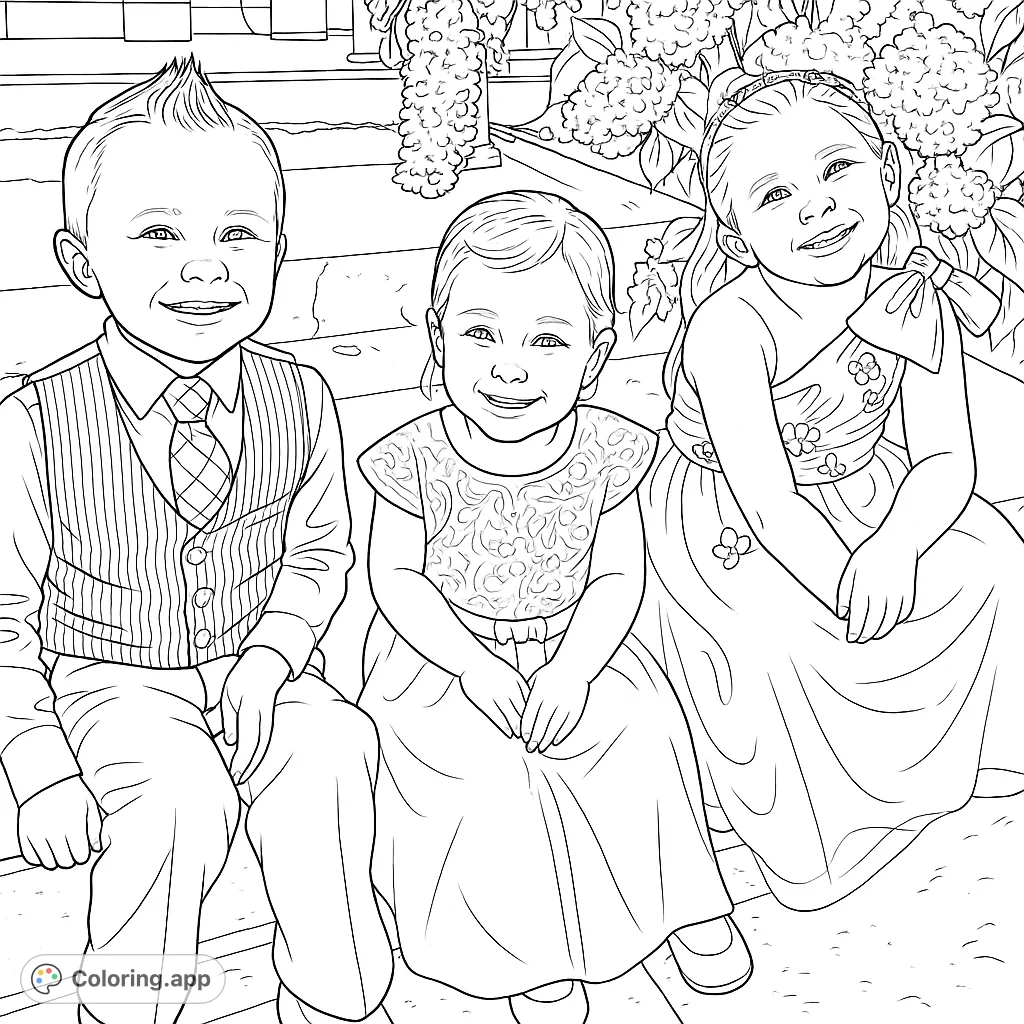 Three smiling children in formal attire, a boy and two girls, pose elegantly on stone steps amidst lush foliage. Perfect for a charming coloring experience.