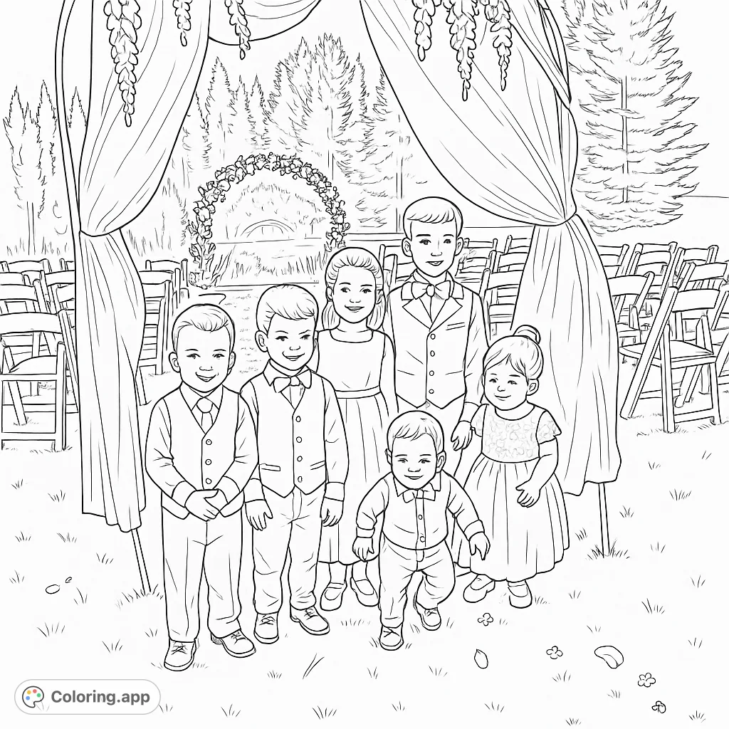 Adorable children in wedding attire, standing in a charming outdoor ceremony setting with elegant arches and rows of chairs. A joyful scene.