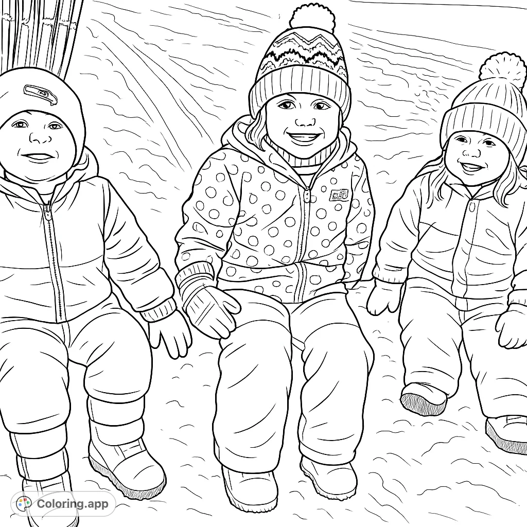 Capture the joy of a winter day with three smiling children in snow gear. A delightful snow day coloring page for all ages to enjoy!