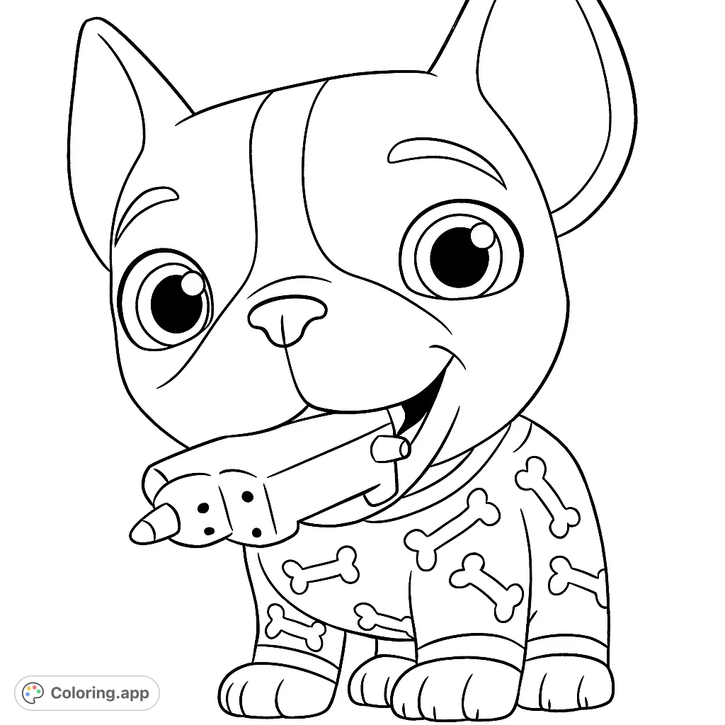 An adorable puppy in bone-patterned pajamas holds a toy, ready for a fun coloring adventure. Perfect for kids and pet lovers!