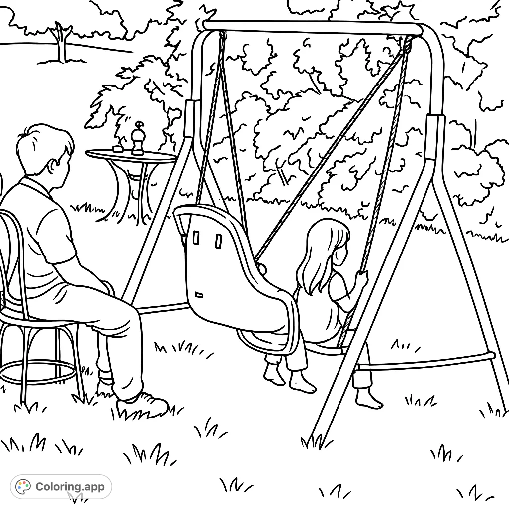 Capture a heartwarming backyard scene with a person watching a child on a swing. Perfect for a relaxing coloring experience.
