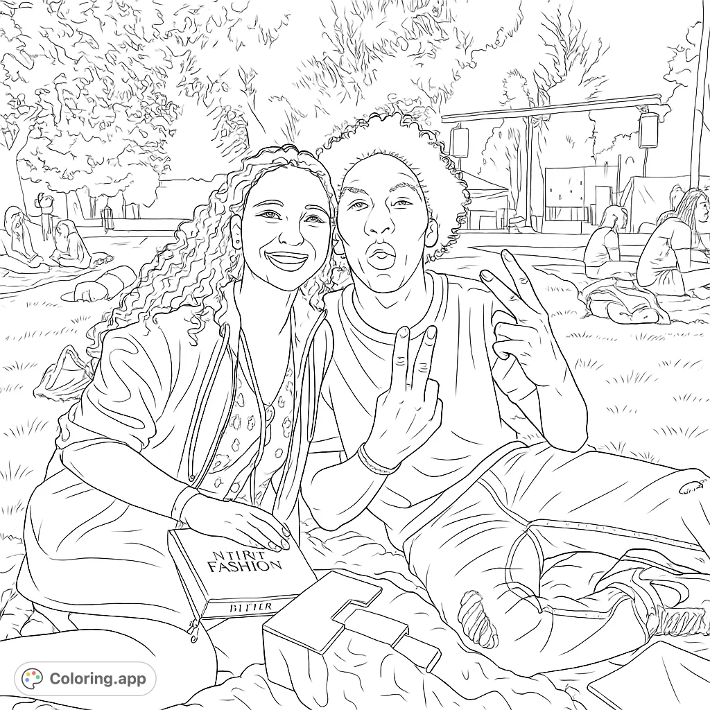 A cheerful young couple enjoys a relaxed outdoor gathering, sitting on a blanket amidst trees and other people. Perfect for a casual coloring experience.