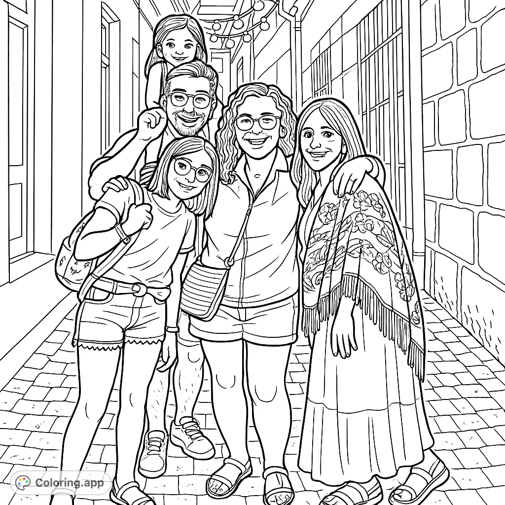A happy family poses in a charming cobblestone alley, perfect for a fun coloring activity. Features detailed street textures and festive lights.