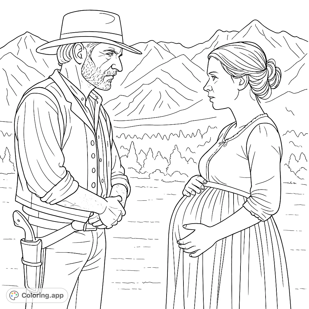A poignant frontier scene featuring a man and a pregnant woman conversing against a backdrop of majestic mountains. Perfect for Western history enthusiasts.
