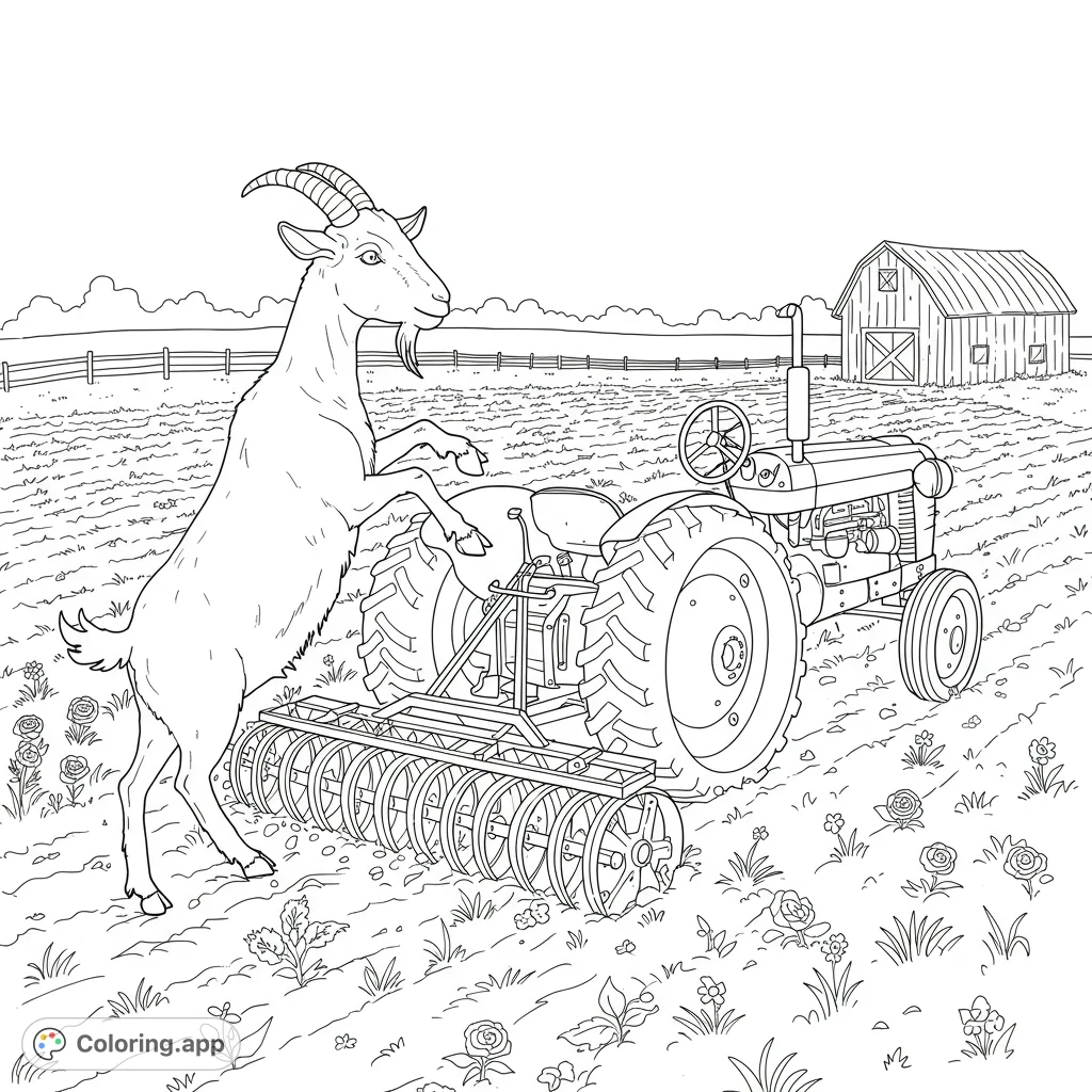 A whimsical farm scene featuring a determined goat driving a tractor and pulling a harrow across a field. Perfect for a fun coloring experience!