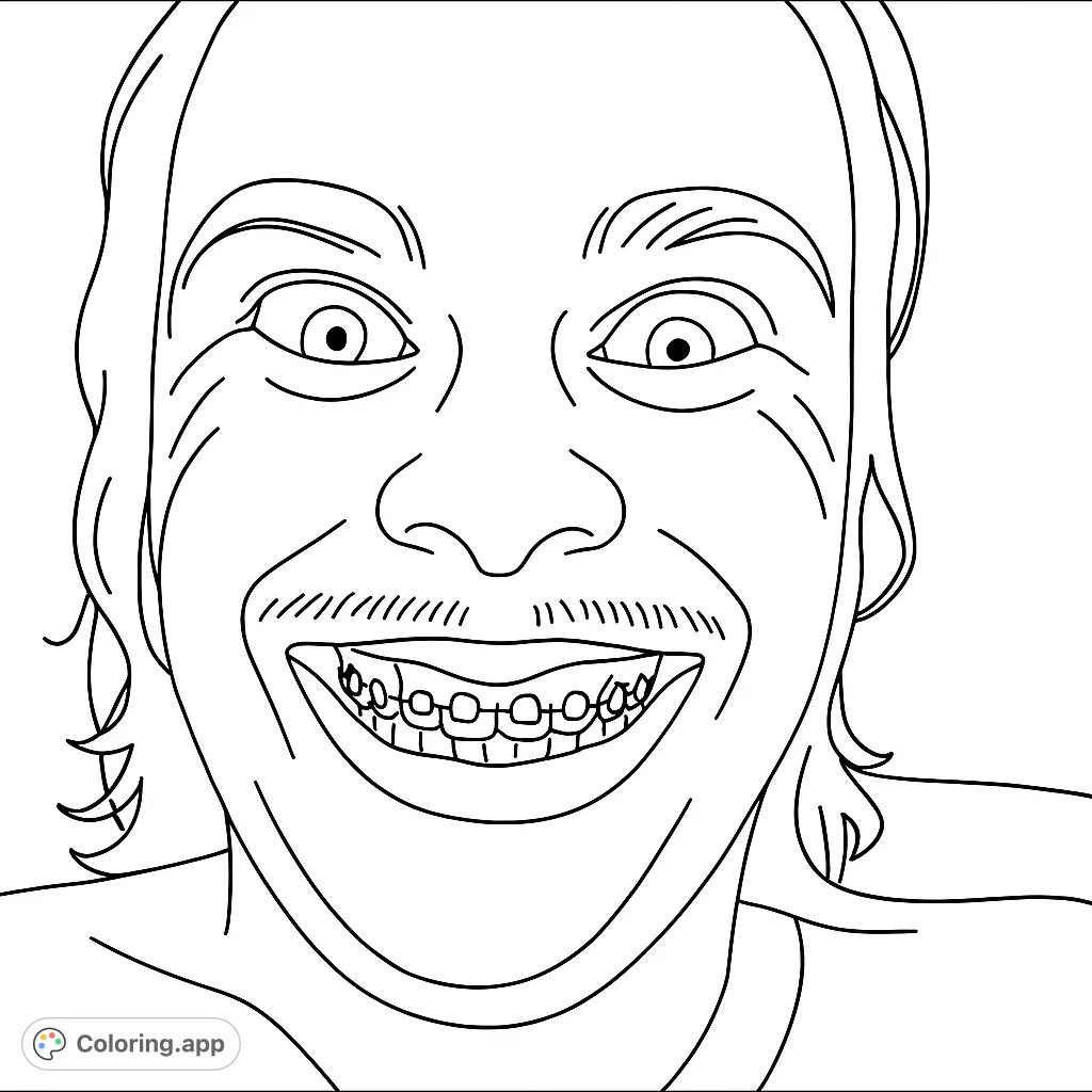 A close-up of a person making a hilarious, exaggerated face with wide eyes and a big smile, perfect for a fun coloring challenge.
