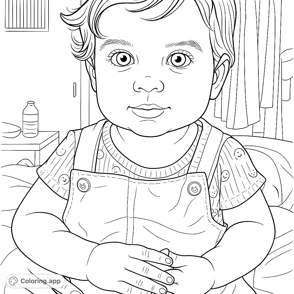 Capture the innocence of childhood with this adorable baby portrait coloring page. Features a sweet baby with big eyes and charming overalls, perfect for all ages.
