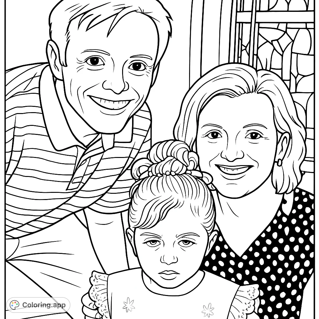Capture a heartwarming family moment with this free printable family portrait coloring page. Features a smiling family and patterned details.