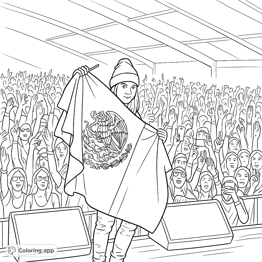 Dynamic concert scene with a performer holding a prominent flag before a cheering crowd. A vibrant music festival coloring page.
