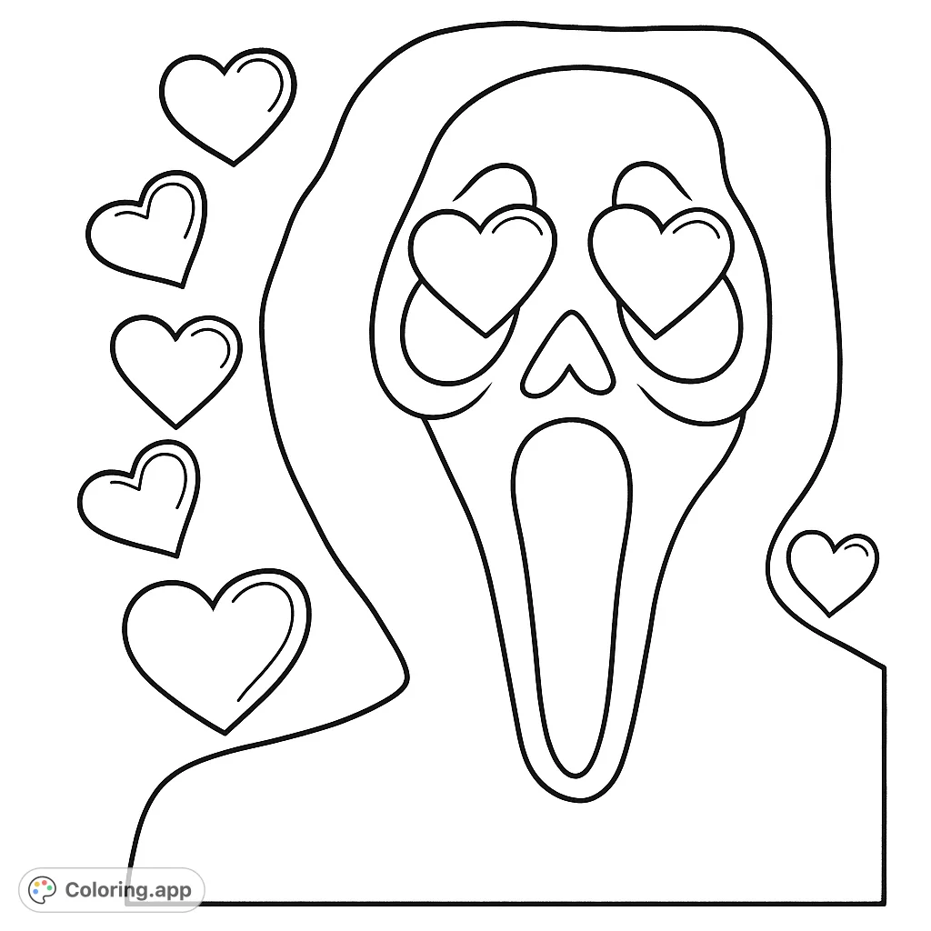 Color a unique Ghostface Love coloring page featuring the iconic masked figure with heart eyes and floating hearts, blending horror with romance.