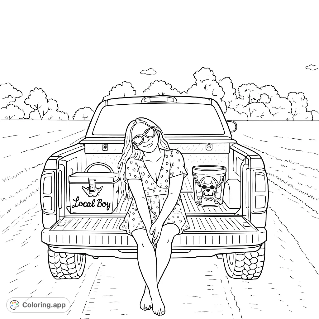 Relax on a country road with this pickup truck tailgate scene. A smiling figure enjoys the open air, perfect for a peaceful coloring escape.