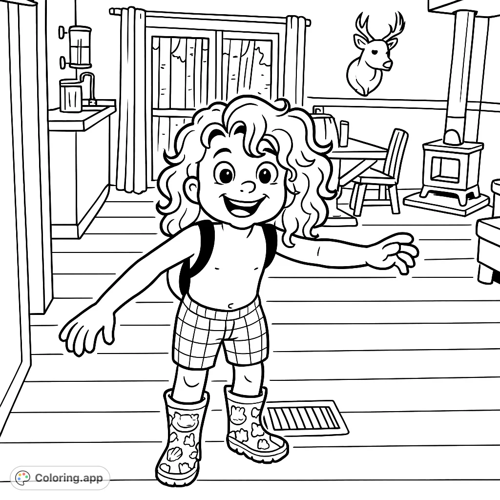 A joyful child in patterned swim shorts and rain boots, ready for adventure. This fun coloring page captures a playful moment indoors with a forest view.