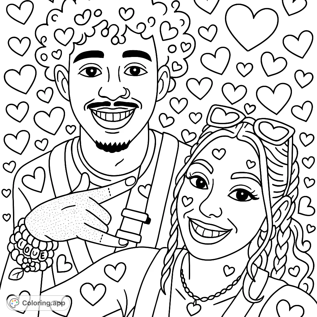 Capture the joy of a whimsical couple's outdoor adventure! This playful coloring page features a smiling duo, perfect for adding your own vibrant touch.