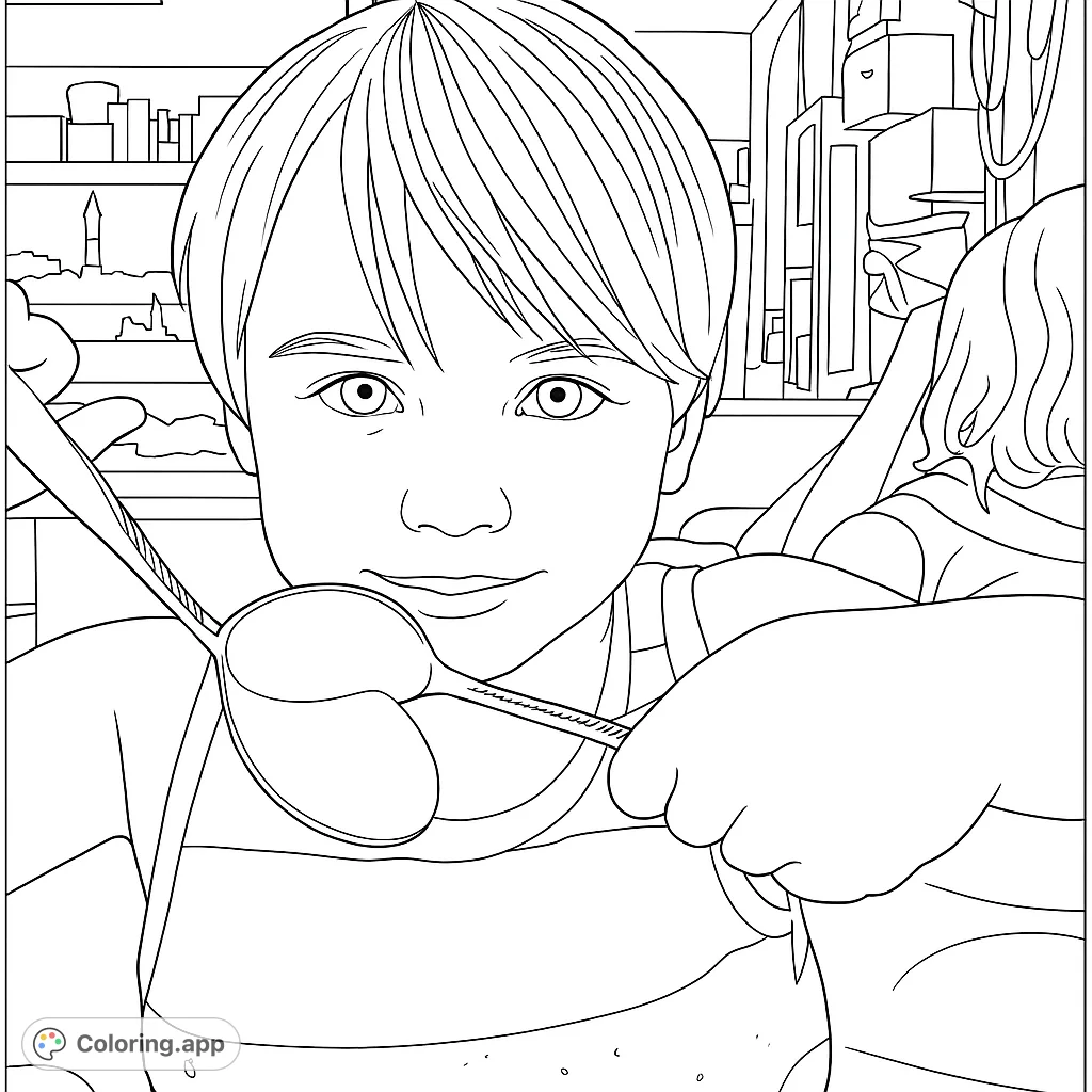 A delightful coloring page featuring a young child playfully holding spoons, perfect for fostering creativity and fine motor skills.