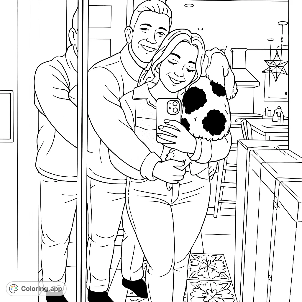 Capture a heartwarming moment of a happy couple embracing their beloved spotted dog, reflected in a mirror, with a detailed home interior background.