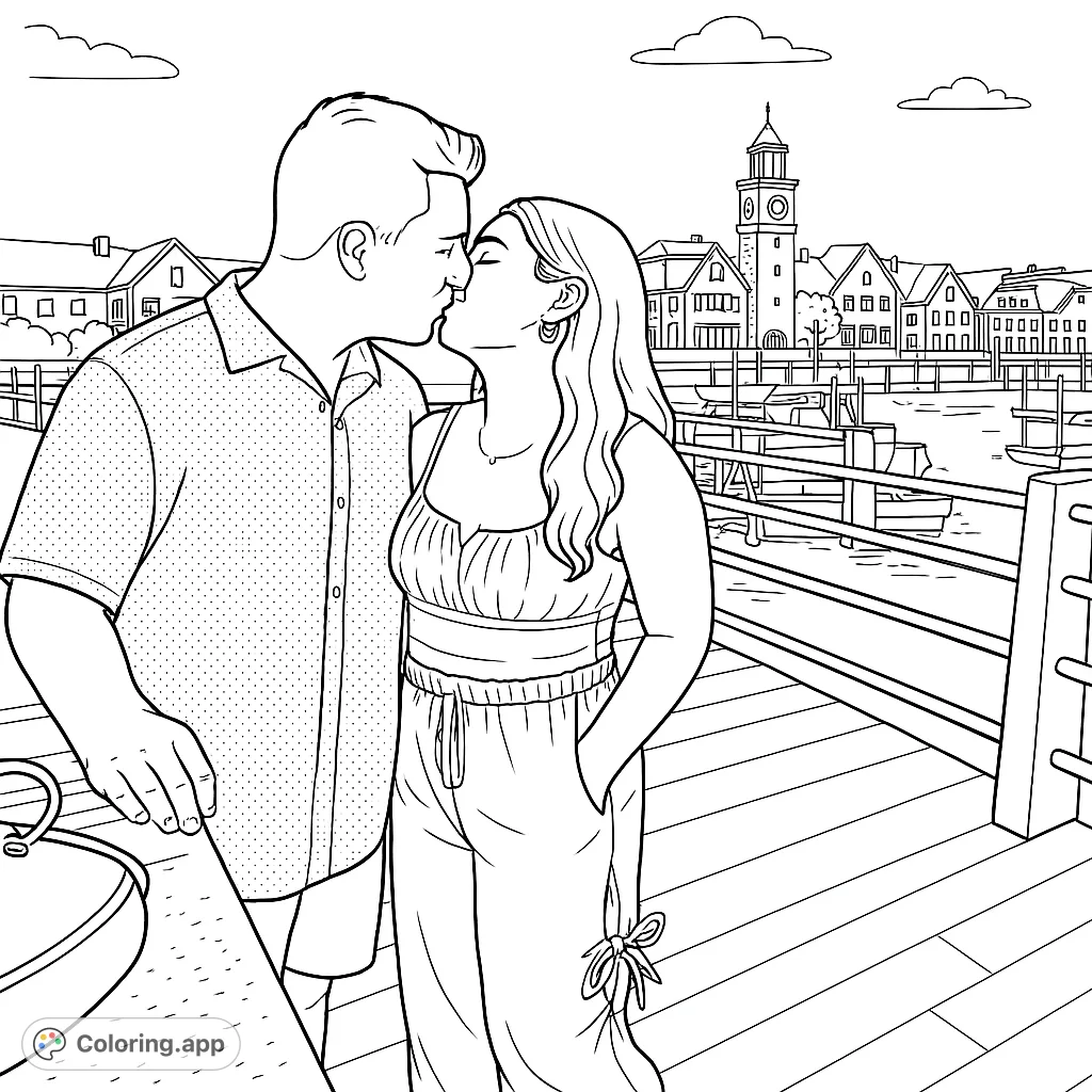 Capture a tender moment: a couple kissing on a scenic marina boardwalk with boats and a charming clock tower in the background. A romantic free printable coloring page.