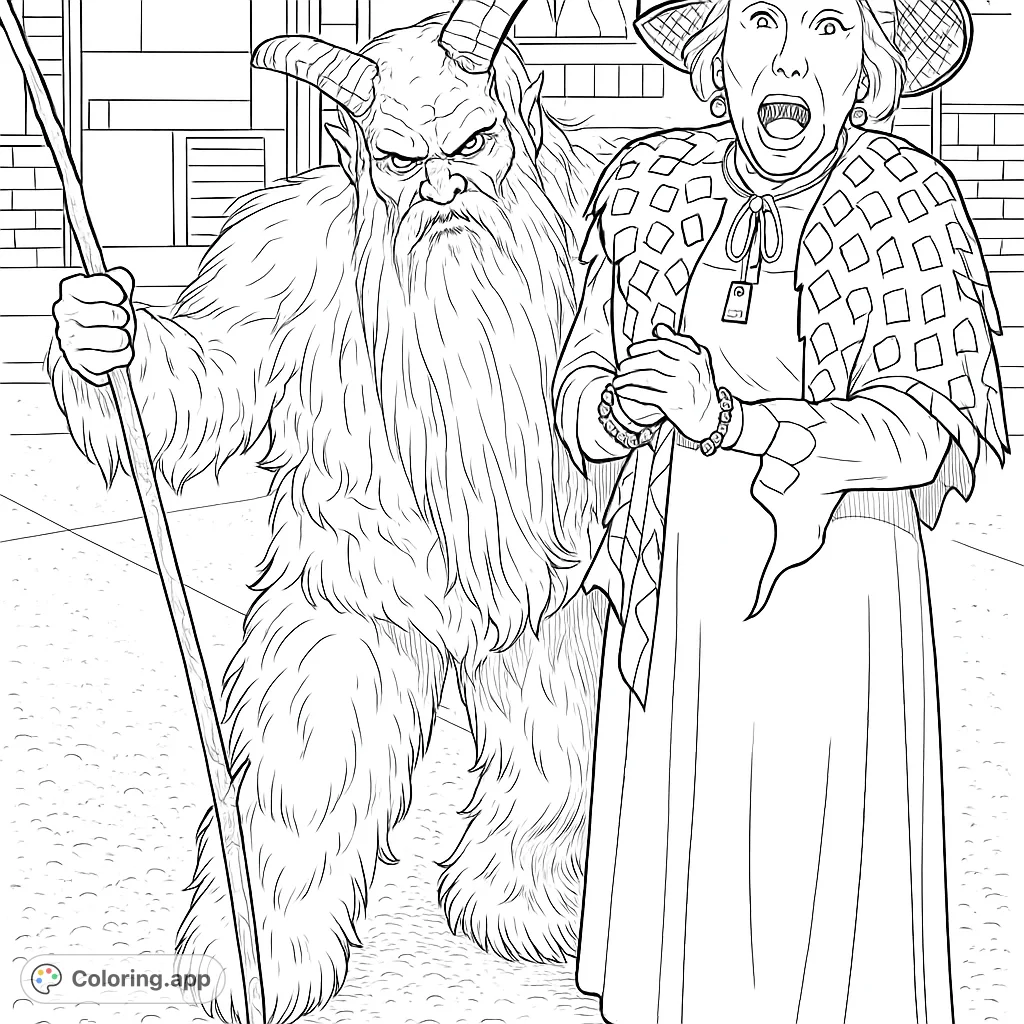 A thrilling Halloween scene featuring a fearsome Krampus and an expressive witch. Perfect for spooky season fun and creative coloring.