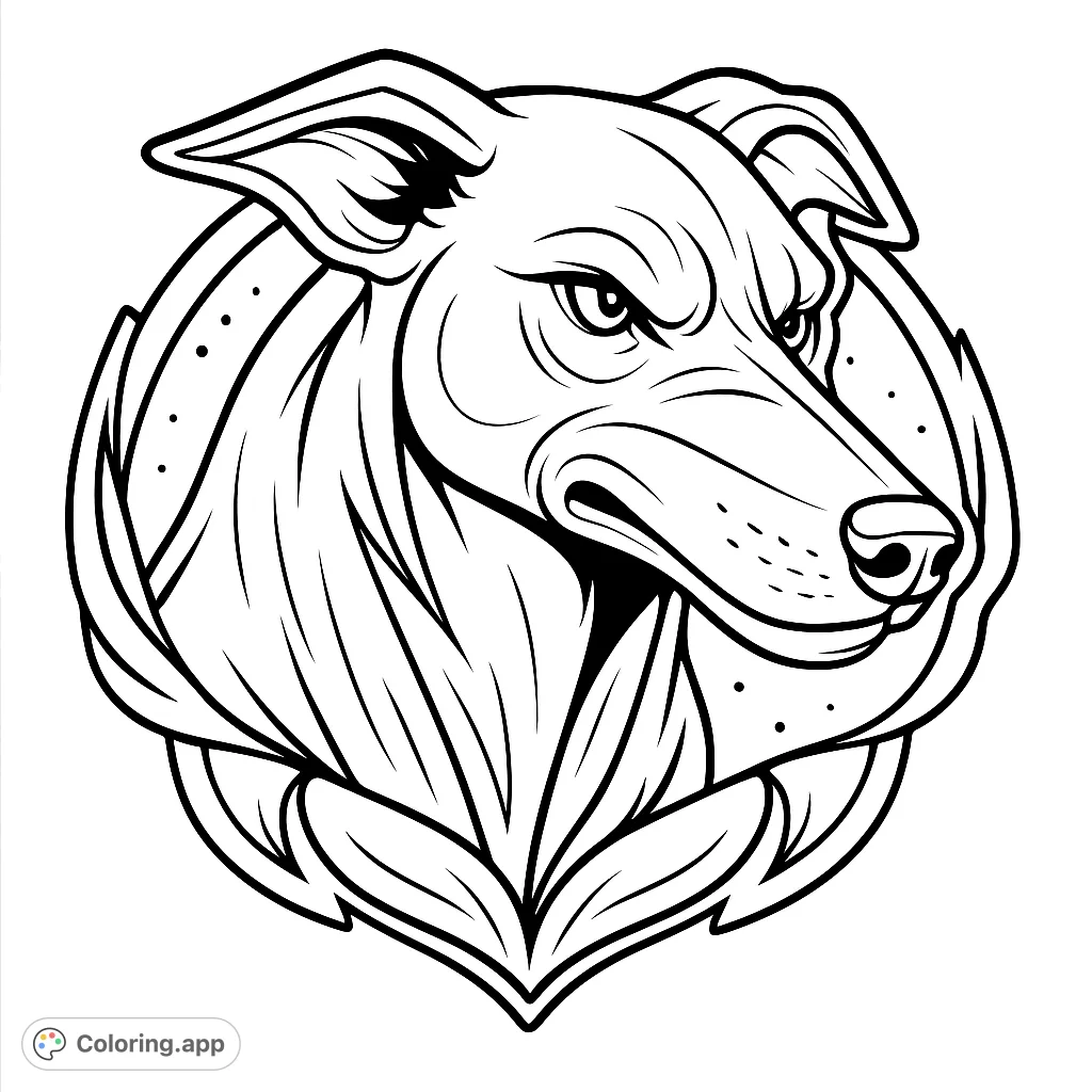 Unleash your creativity with this fierce canine emblem coloring page. Features a powerful dog head within a dynamic, stylized frame.