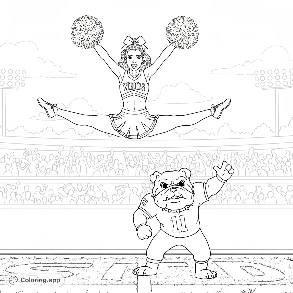 Capture the energy of game day with a dynamic cheerleader mid-jump and a playful bulldog mascot. A spirited sports scene for all ages.