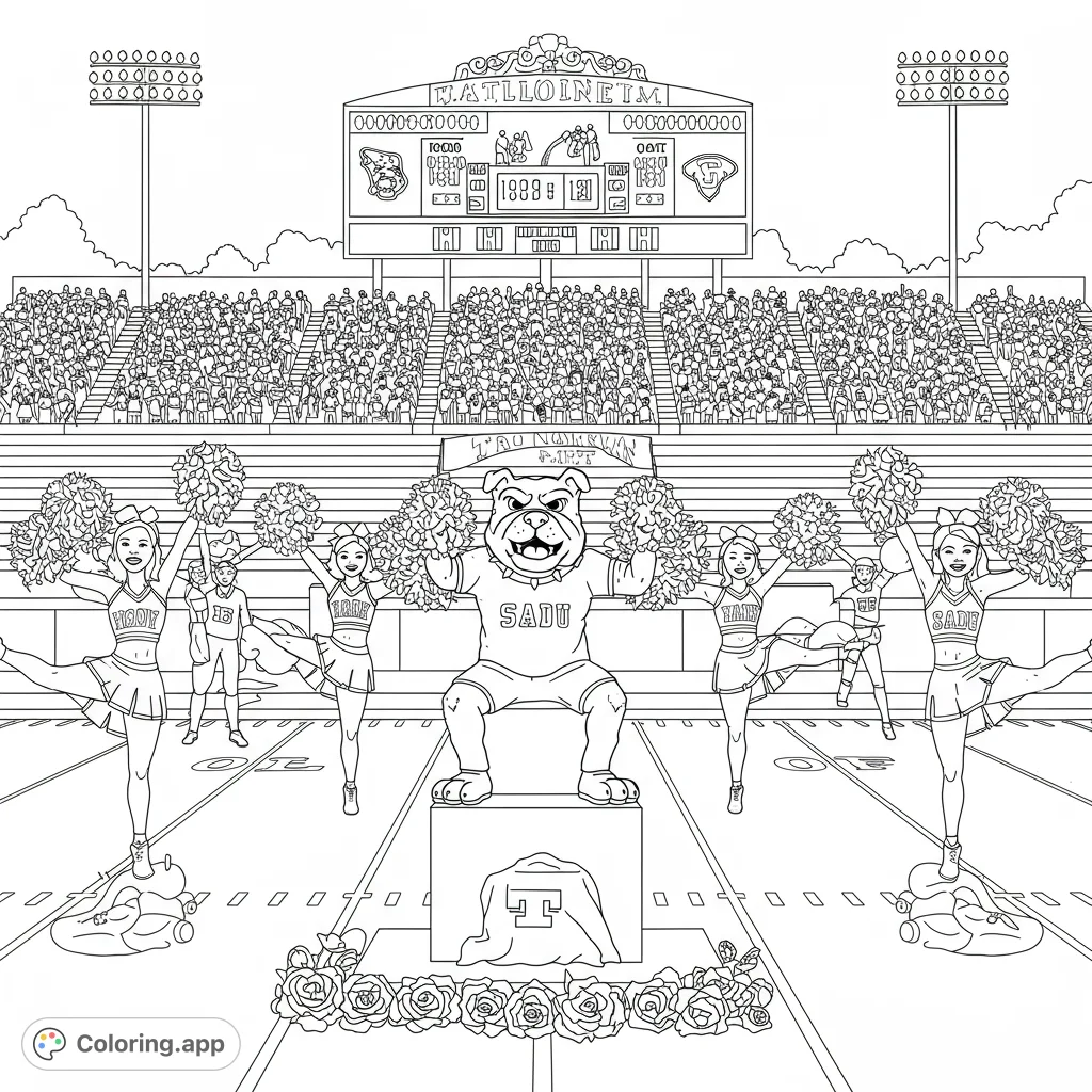Capture the excitement of game day with cheerleaders, a proud bulldog mascot, and a bustling stadium crowd. A dynamic sports scene for all ages.