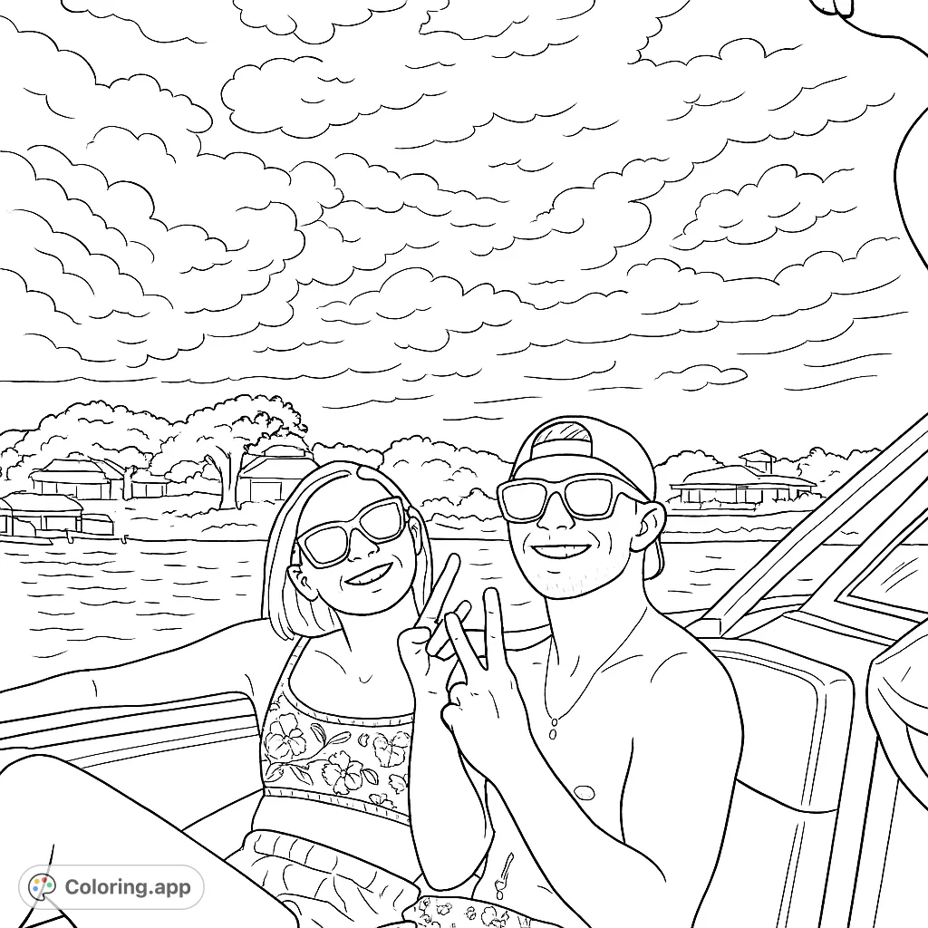 Enjoy a relaxing summer boat day with friends! This free printable boating coloring page features two smiling individuals on the water, perfect for a fun escape.