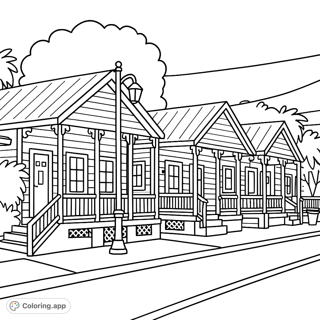 A delightful row of charming houses with inviting porches, perfect for a relaxing coloring experience. Explore architectural details and vibrant street scenes.