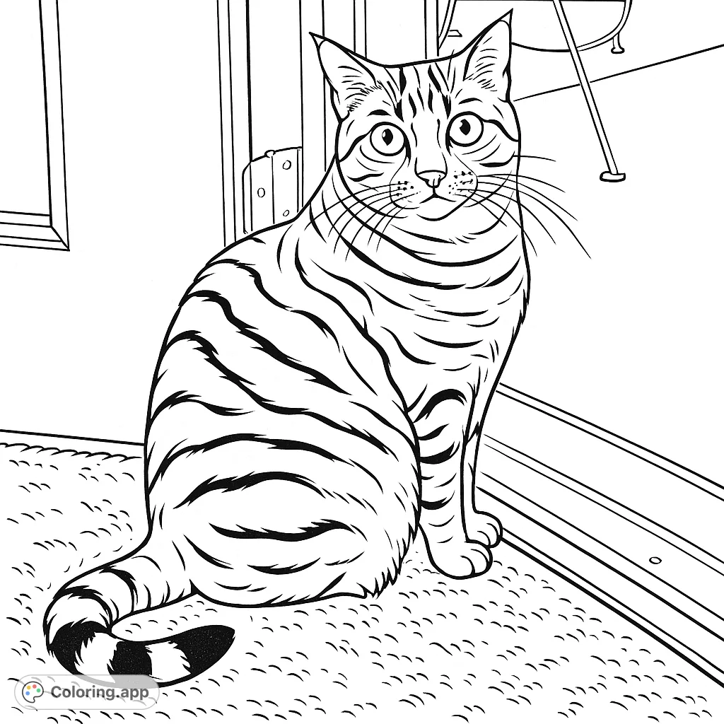 A charming striped feline sits by a window, its gaze fixed forward. This detailed cat coloring page offers a delightful challenge for animal lovers.