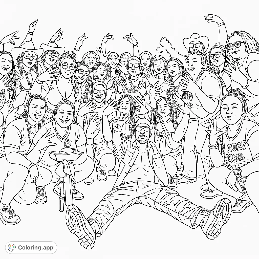 Capture the vibrant energy of a large group celebrating outdoors. This dynamic scene features diverse individuals striking various poses, perfect for detailed coloring.