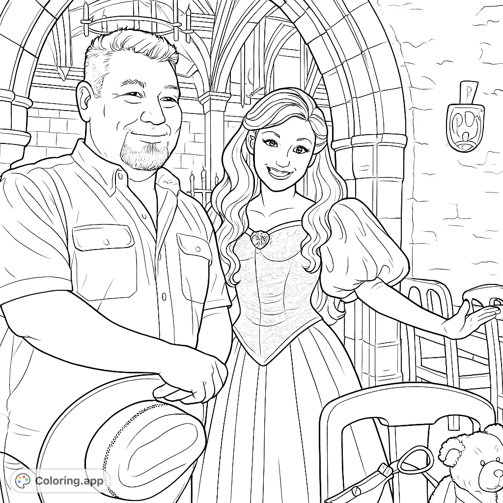 A delightful princess and a guest in a grand castle setting, ready for a magical coloring adventure.
