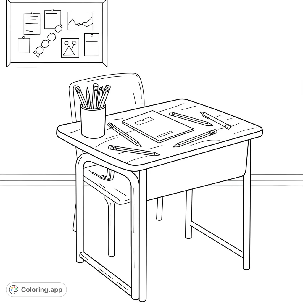 Explore a detailed classroom desk with various pencils, perfect for school-themed creativity. A free printable coloring page for all ages.
