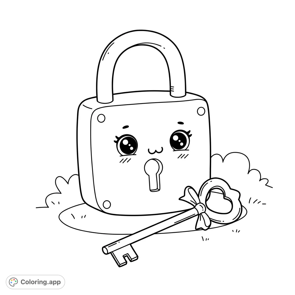 Unlock creativity with this adorable Kawaii Pad Lock and Key coloring page. Simple lines and charming details for easy, fun coloring.